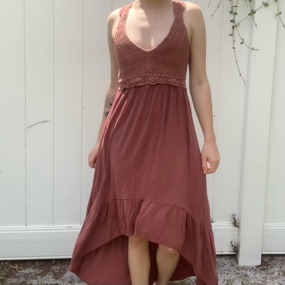 Boho crocheted tiered flowy high-low dress with cinched waist